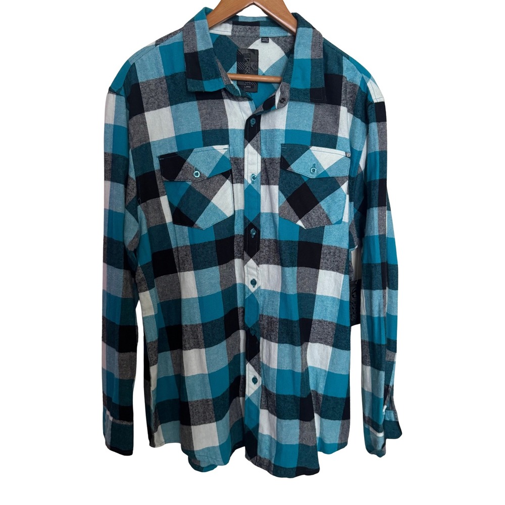 Ocean Current Mens Flannel Shirt L Teal Black White Plaid Button Down